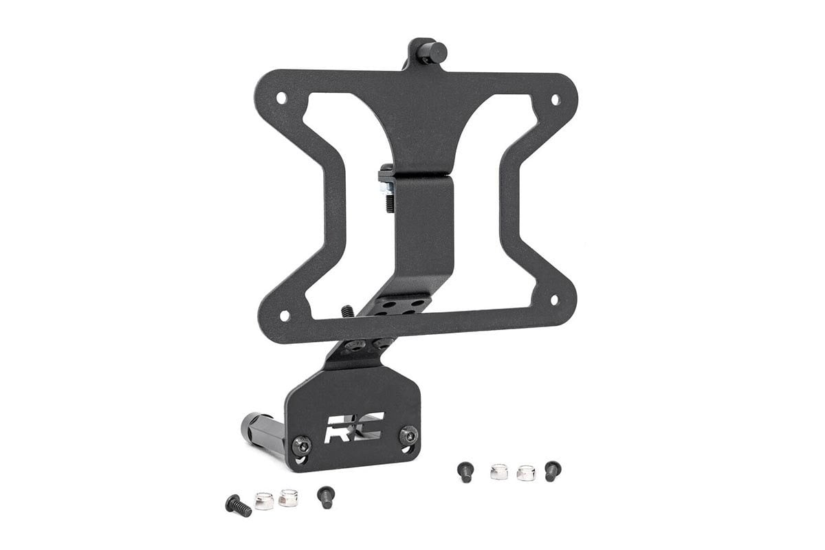 Jeep Wrangler JL License Plate Relocation Bracket - Rough Country - Rough Country, adjustable arm - Black - '21-'24